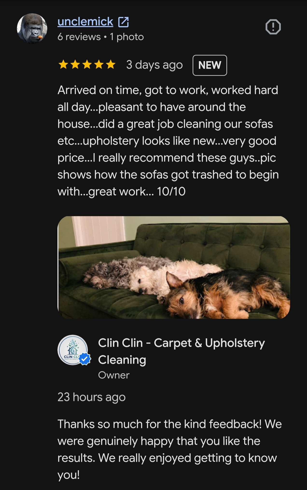 5 star Google review for Clin Clin carpet cleaning