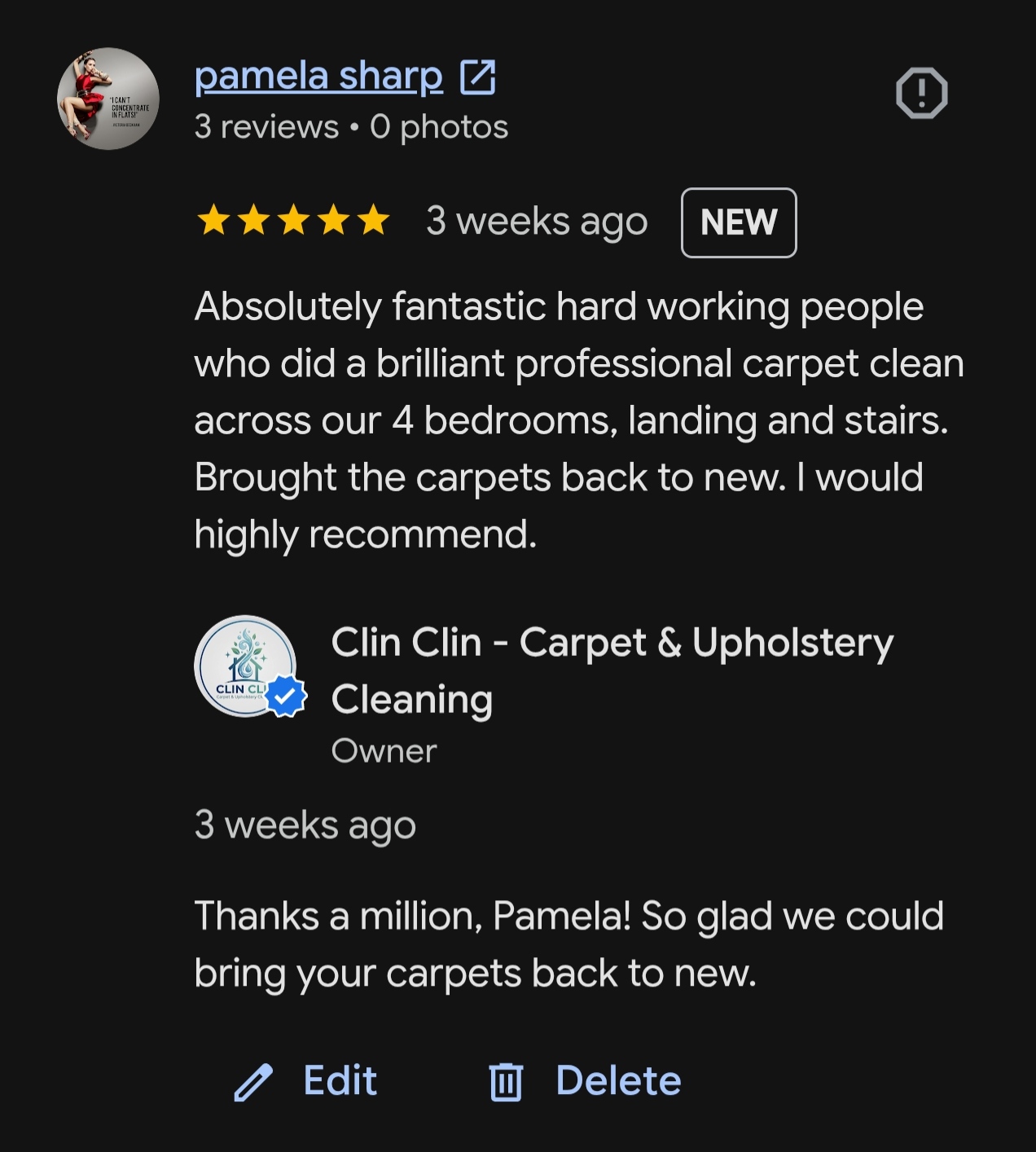 Customer review for professional sofa cleaning